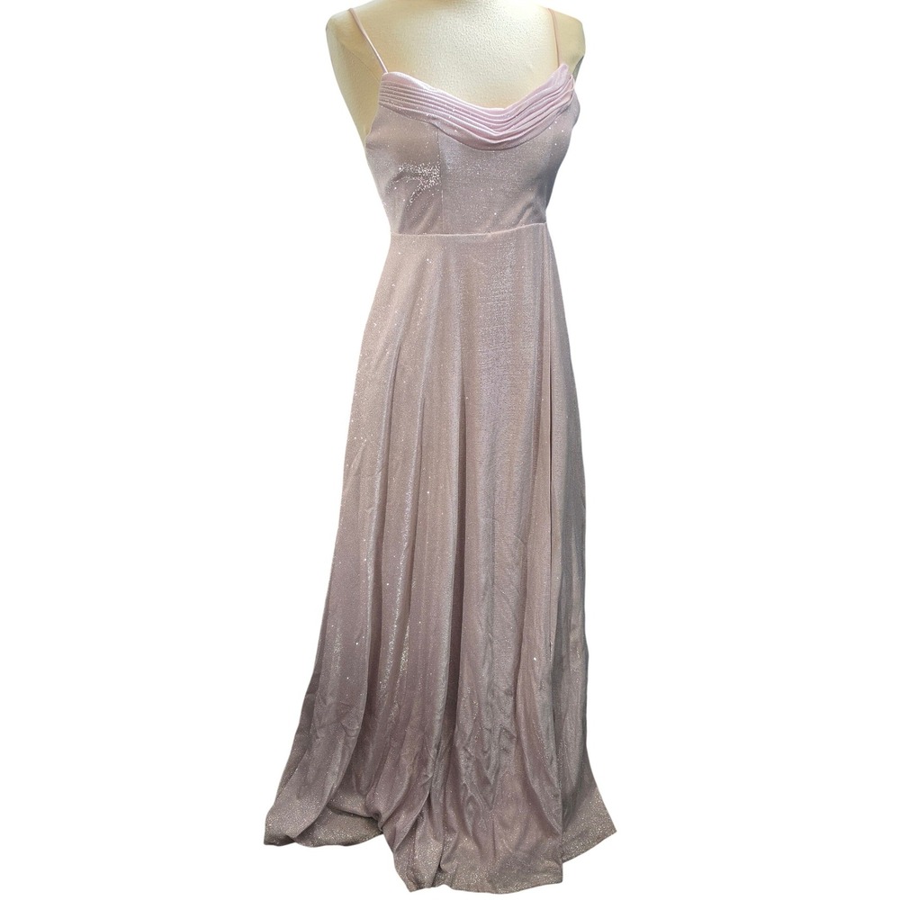 Bella Metallic Pink Shimmer Cowl Neck Maxi Dress size S Overlay Formal Prom Gown